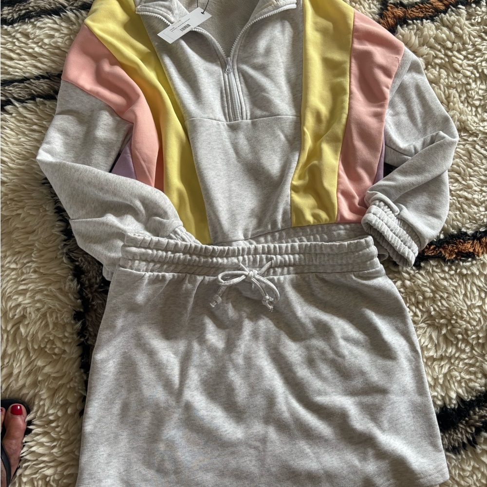 Steve Madden Gray and Pastel Striped Sweatshirt and Skirt Set large